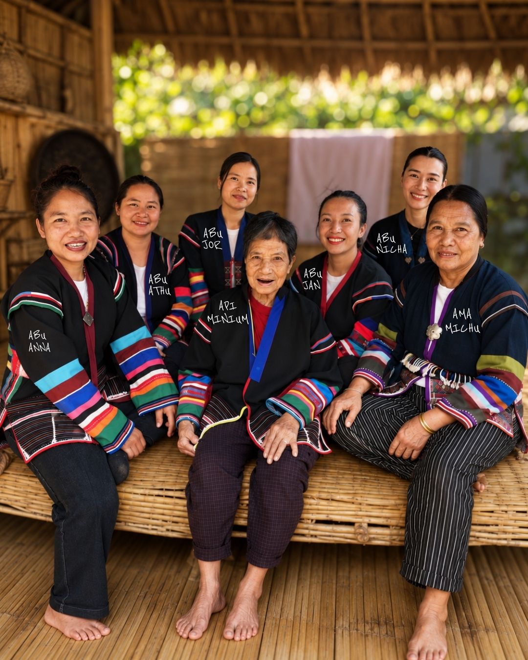 Seven women of the Akha Ma-De team together in traditional Akha clothing, with their names beside them